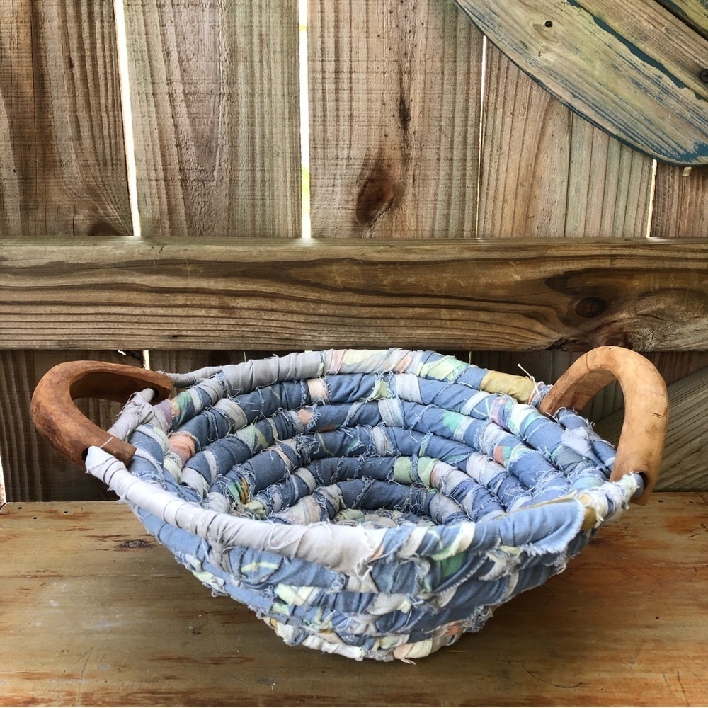 Vintage Farmhouse Coiled Cotton Rag Fabric Basket Hand Woven Blue Pastel 11.75”